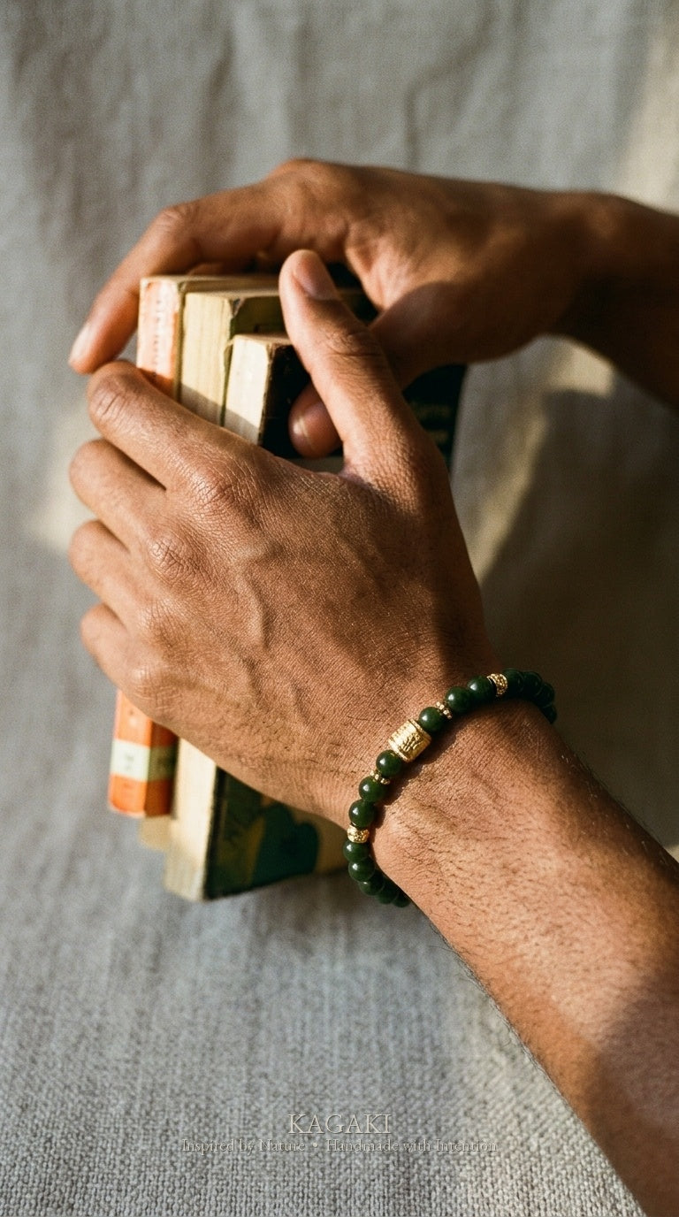 KAGAKI Scroll dark green jade carved barrel bracelet, worn view, handmade green jade bracelet