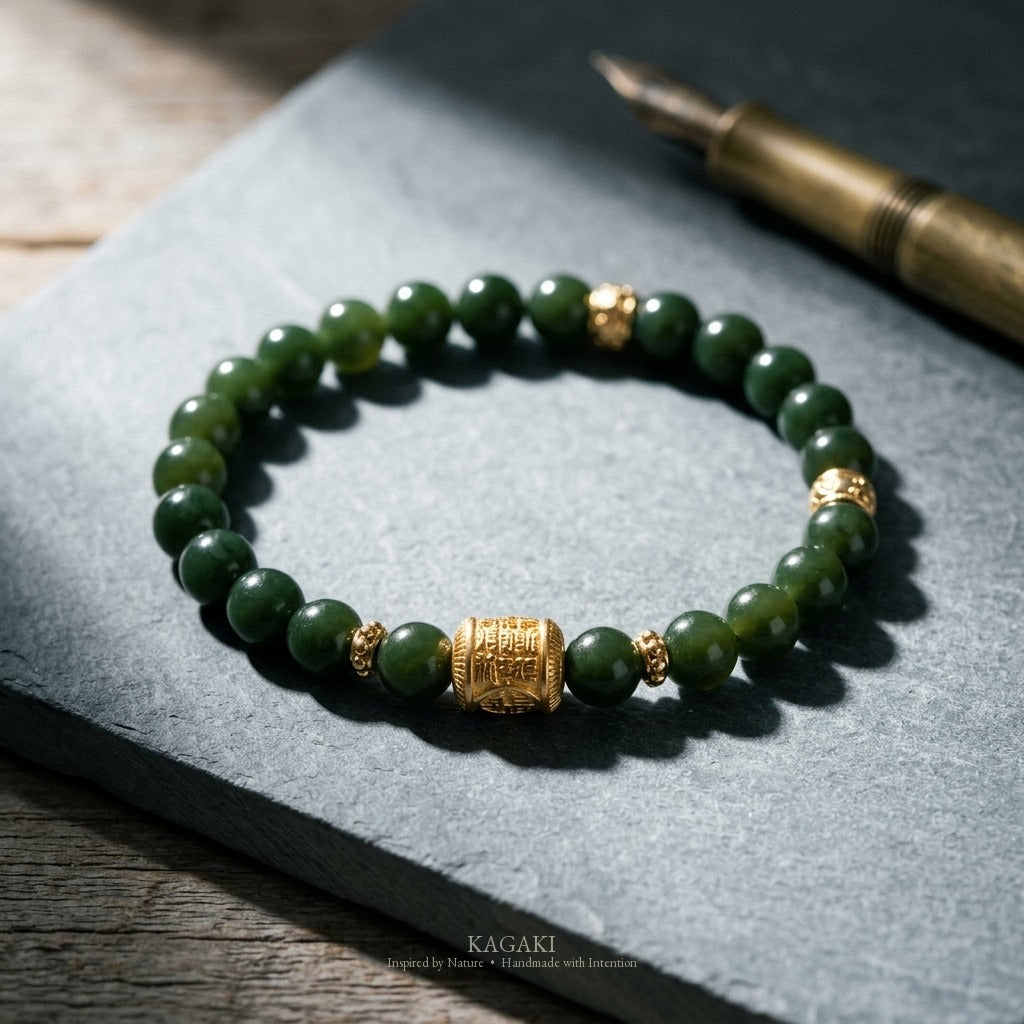 KAGAKI Scroll dark green jade carved barrel bracelet, studio styled view, handmade green jade bracelet