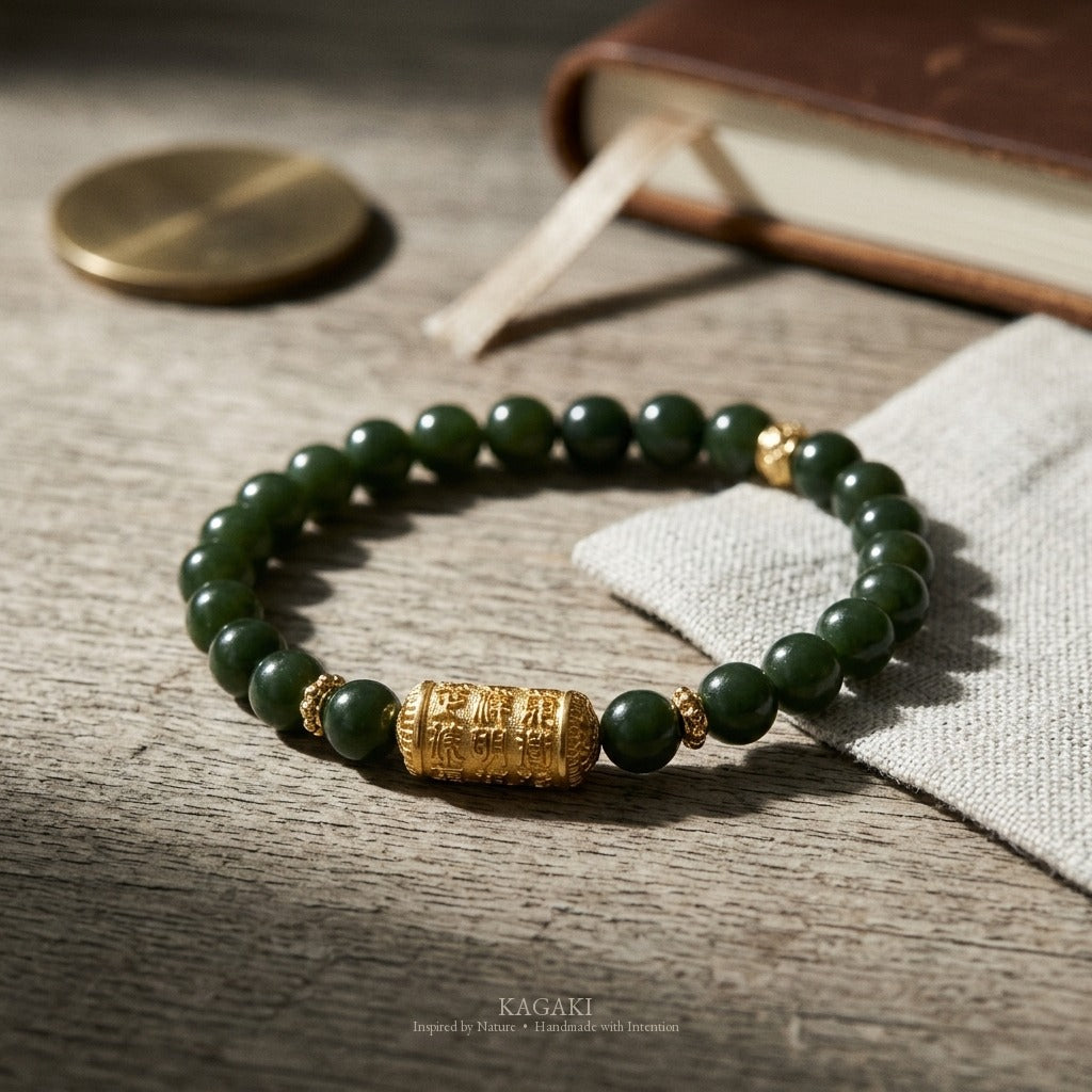 KAGAKI Scroll dark green jade carved barrel bracelet, studio styled view, handmade green jade bracelet