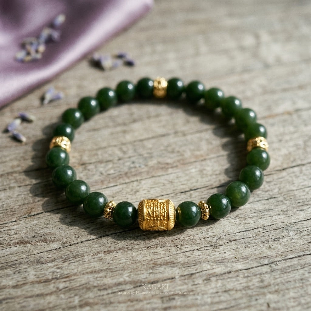KAGAKI Scroll dark green jade carved barrel bracelet, studio styled view, handmade green jade bracelet