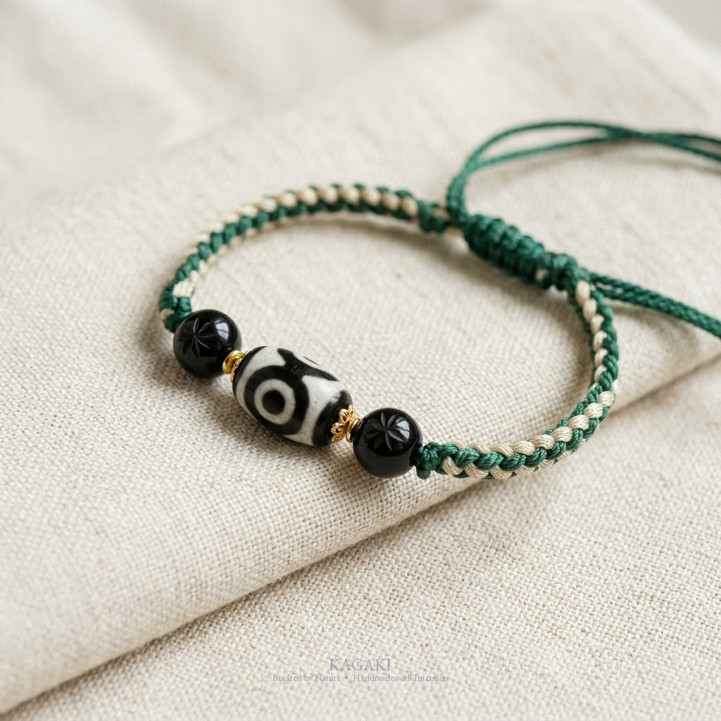 KAGAKI handmade Tibetan-inspired three-eye Dzi-style cord bracelet — Triad – 三 — editorial-detail (3/11)