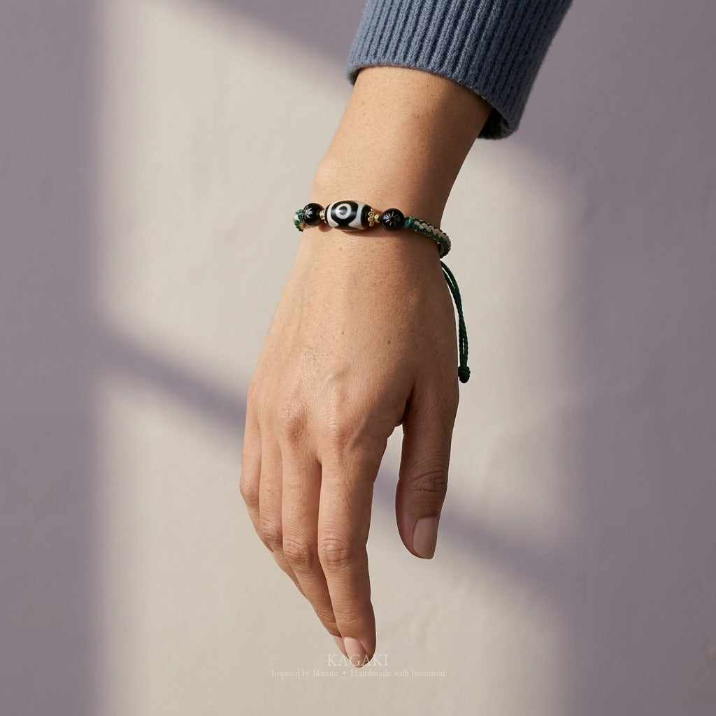 KAGAKI handmade Tibetan-inspired three-eye Dzi-style cord bracelet — Triad – 三 — on-wrist-luxury (4/11)