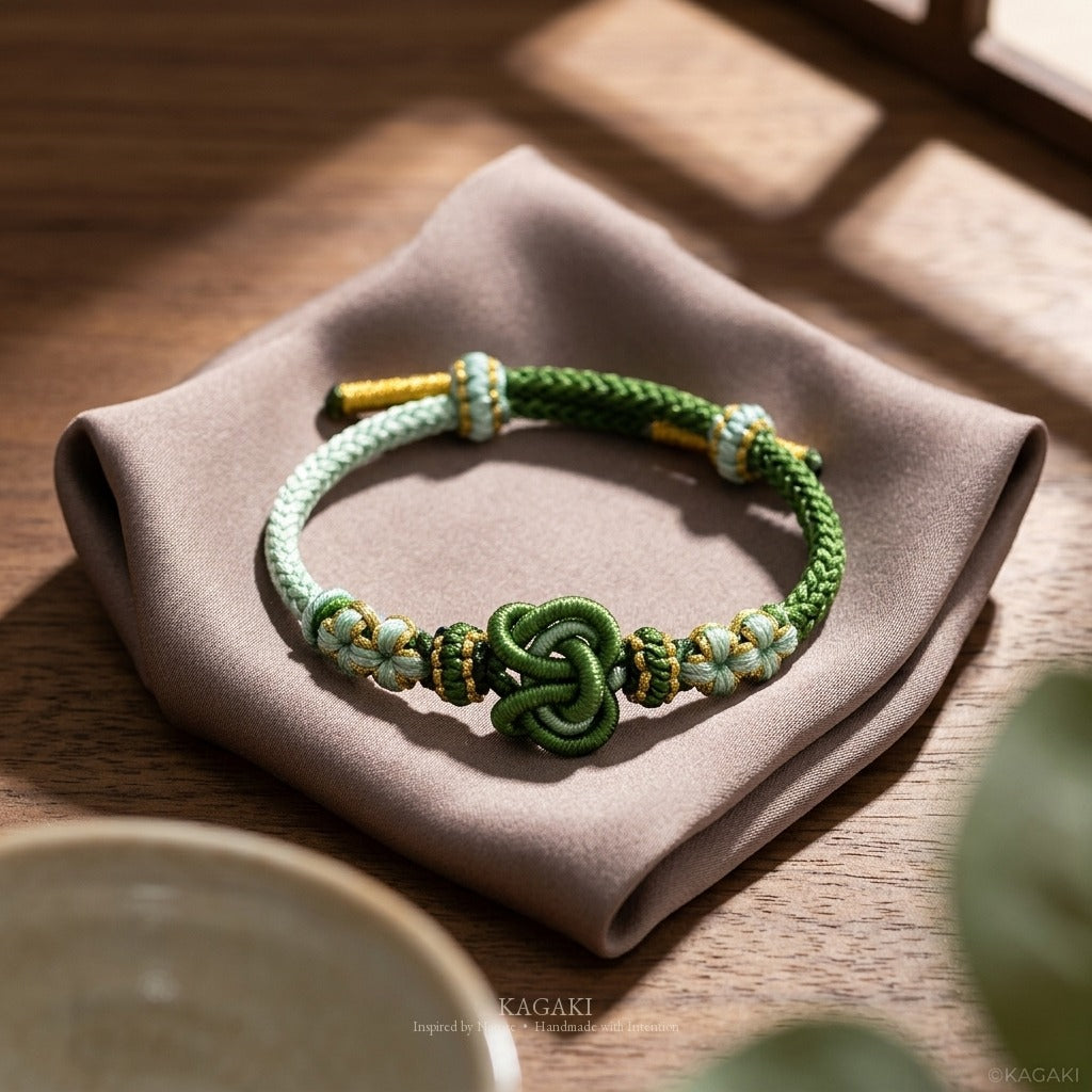 KAGAKI handmade heart knot friendship cord bracelet — Pulse – 鼓 — Moss Pulse — styled-scene-supplemental (17/24)