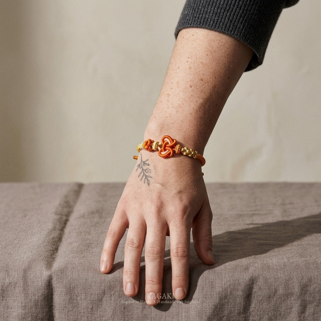 KAGAKI handmade heart knot friendship cord bracelet — Pulse – 鼓 — Warm Pulse — on-wrist-luxury-supplemental (21/24)