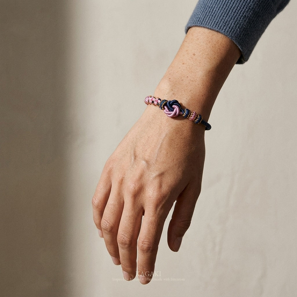 KAGAKI handmade infinity flower knot cord bracelet — Garland – 環 — Twilight Garland — on-wrist-luxury-supplemental (9/14)