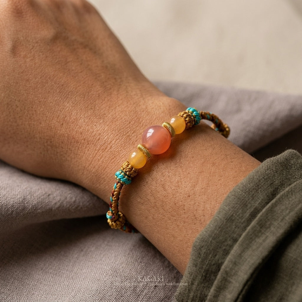 KAGAKI handmade yellow nephrite jade Tibetan-inspired cord bracelet — Anchor – 碇 — on-wrist-lifestyle (6/7)