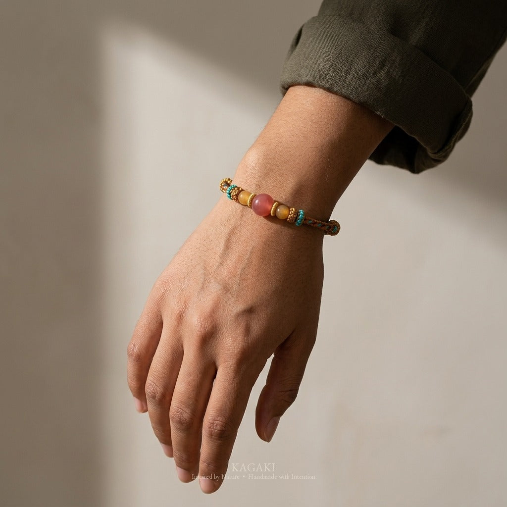 KAGAKI handmade yellow nephrite jade Tibetan-inspired cord bracelet — Anchor – 碇 — on-wrist-luxury (5/7)