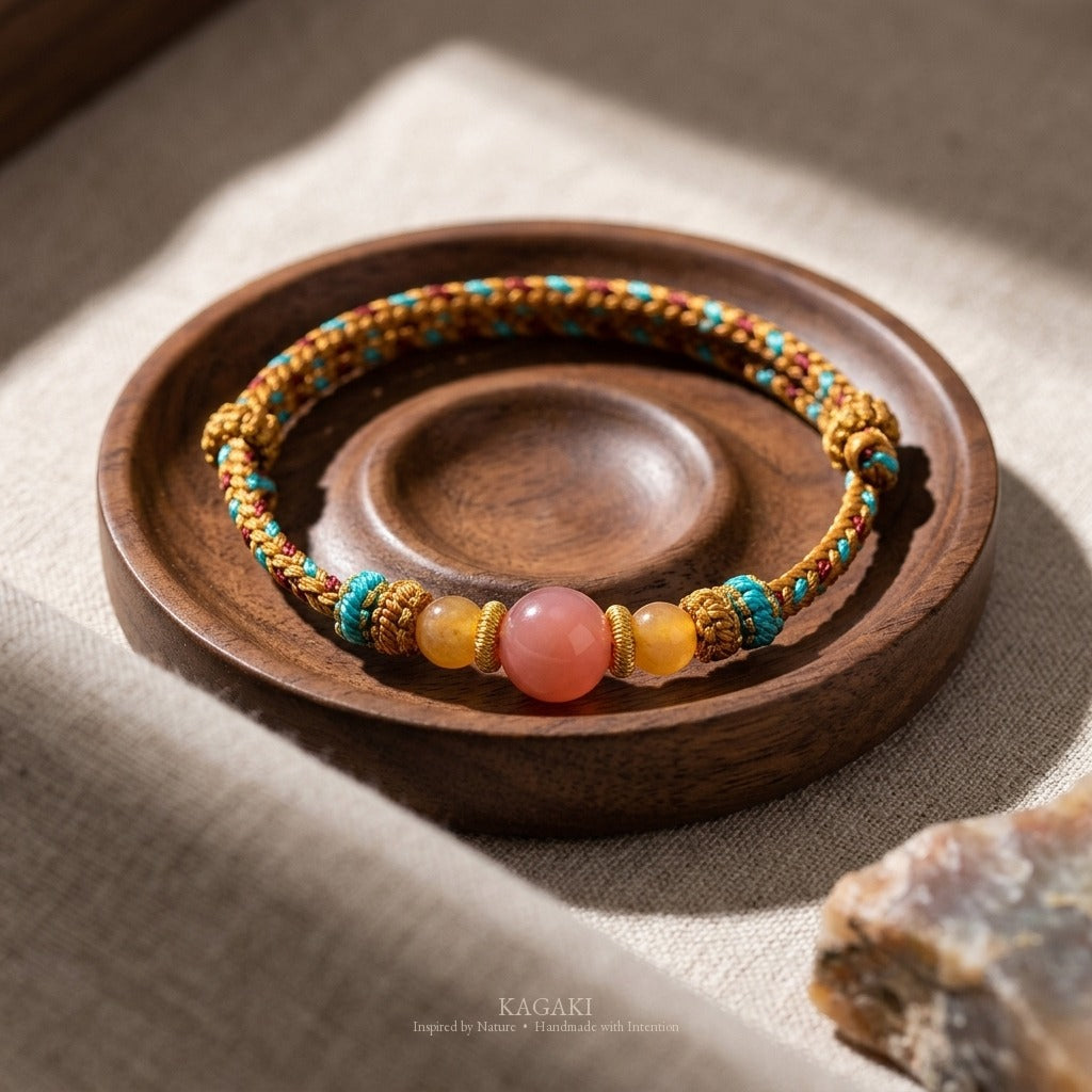 KAGAKI handmade yellow nephrite jade Tibetan-inspired cord bracelet — Anchor – 碇 — styled-scene (2/7)