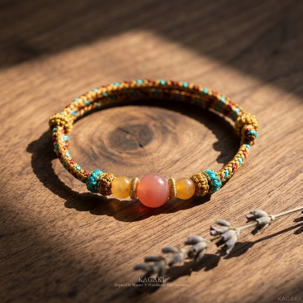 KAGAKI handmade yellow nephrite jade Tibetan-inspired cord bracelet — Anchor – 碇 — styled-scene (3/7)