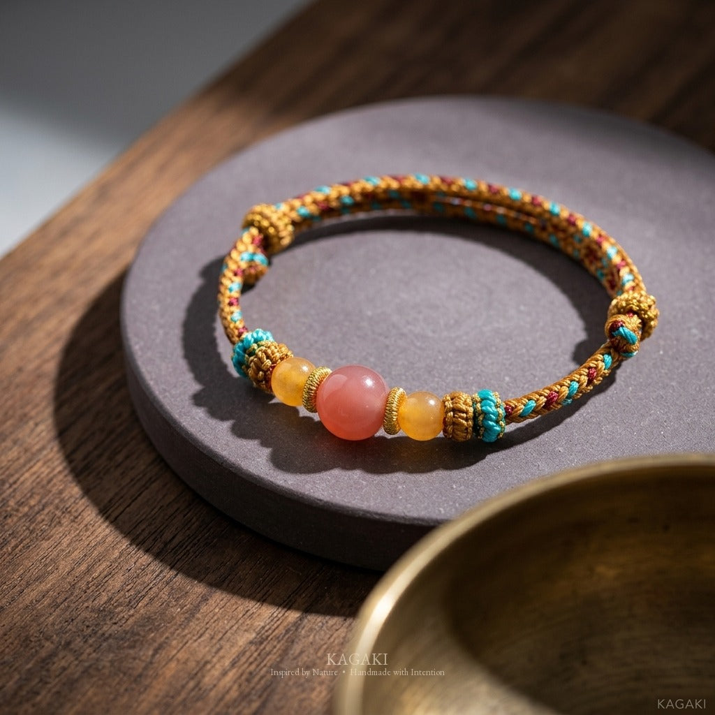 KAGAKI handmade yellow nephrite jade Tibetan-inspired cord bracelet — Anchor – 碇 — styled-scene (4/7)