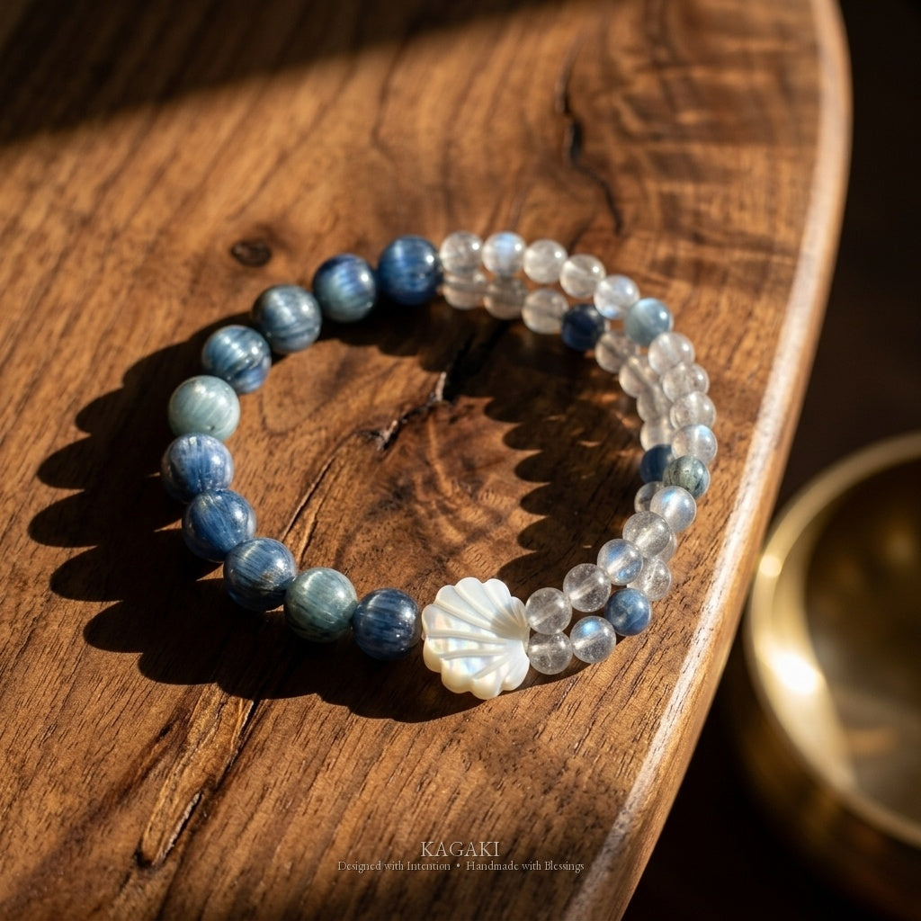 KAGAKI Glacier kyanite moonstone double strand bracelet, studio styled view, handmade kyanite bracelet
