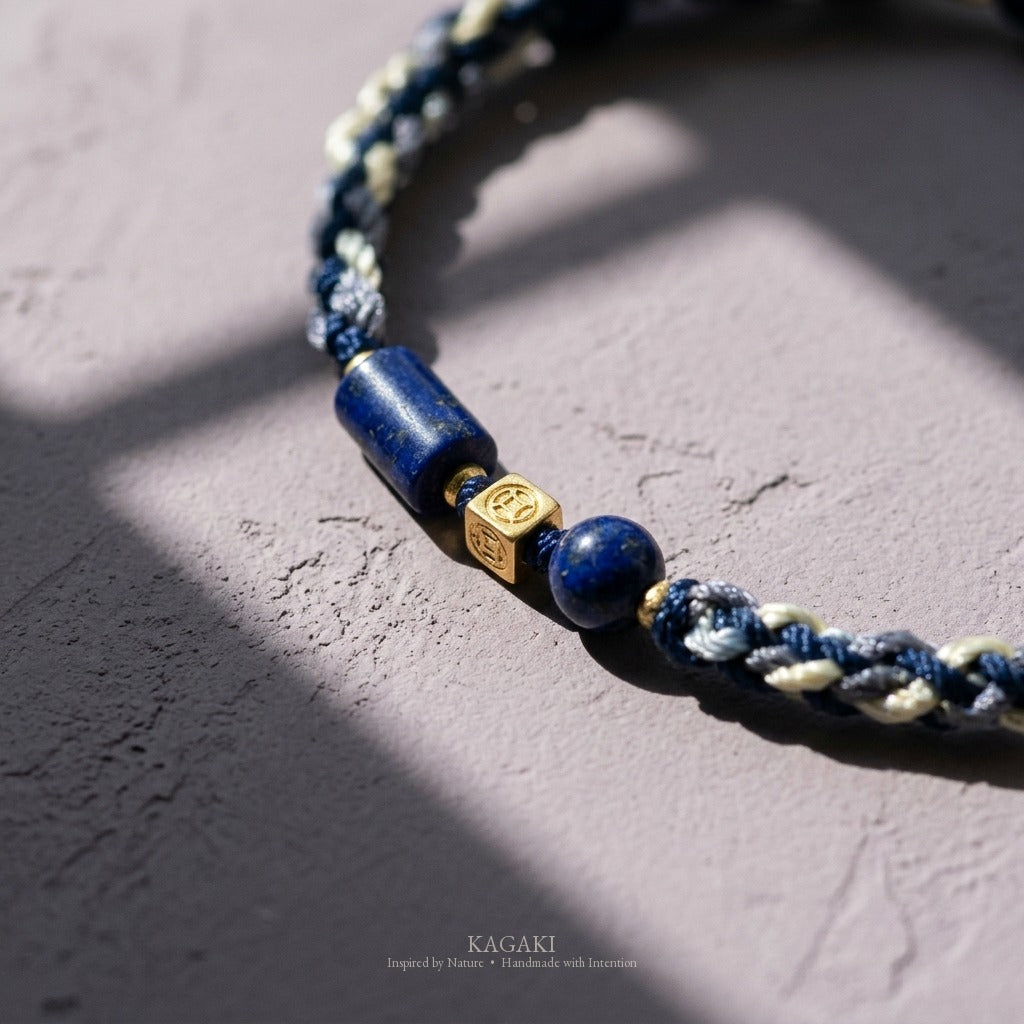 KAGAKI handmade lapis lazuli Tibetan-inspired cord bracelet — Sage – 智 — editorial-detail (3/11)