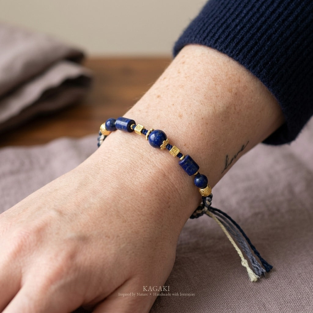 KAGAKI handmade lapis lazuli Tibetan-inspired cord bracelet — Sage – 智 — on-wrist-lifestyle (5/11)