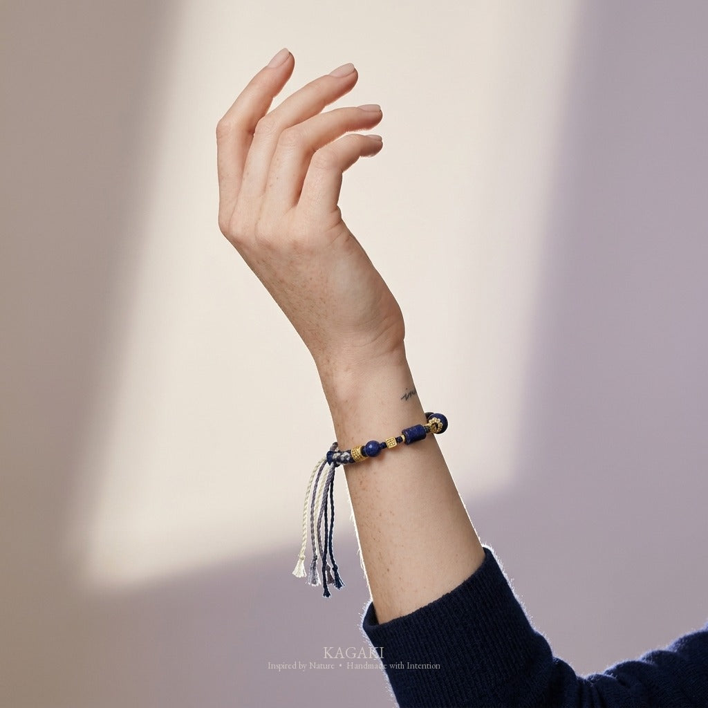 KAGAKI handmade lapis lazuli Tibetan-inspired cord bracelet — Sage – 智 — on-wrist-luxury (4/11)
