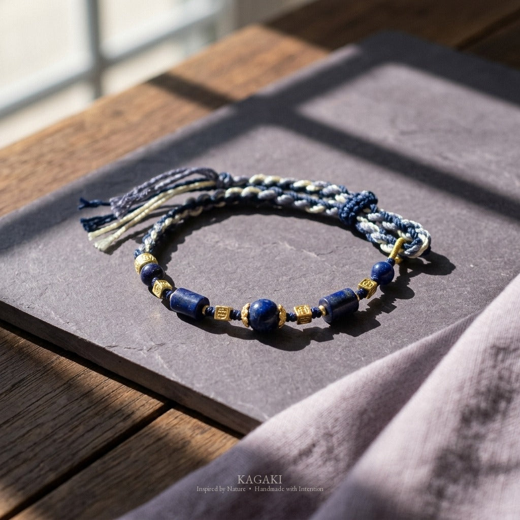 KAGAKI handmade lapis lazuli Tibetan-inspired cord bracelet — Sage – 智 — styled-scene (1/11)