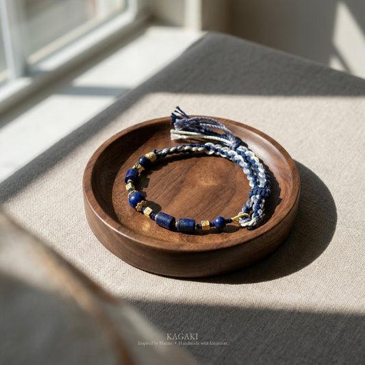 KAGAKI handmade lapis lazuli Tibetan-inspired cord bracelet — Sage – 智 — styled-scene (2/11)