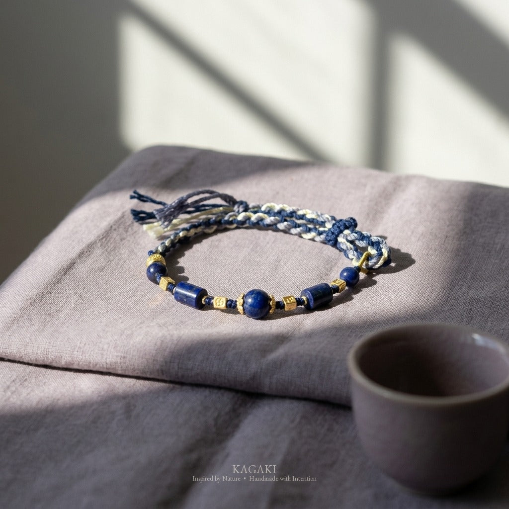 KAGAKI handmade lapis lazuli Tibetan-inspired cord bracelet — Sage – 智 — styled-scene (6/11)