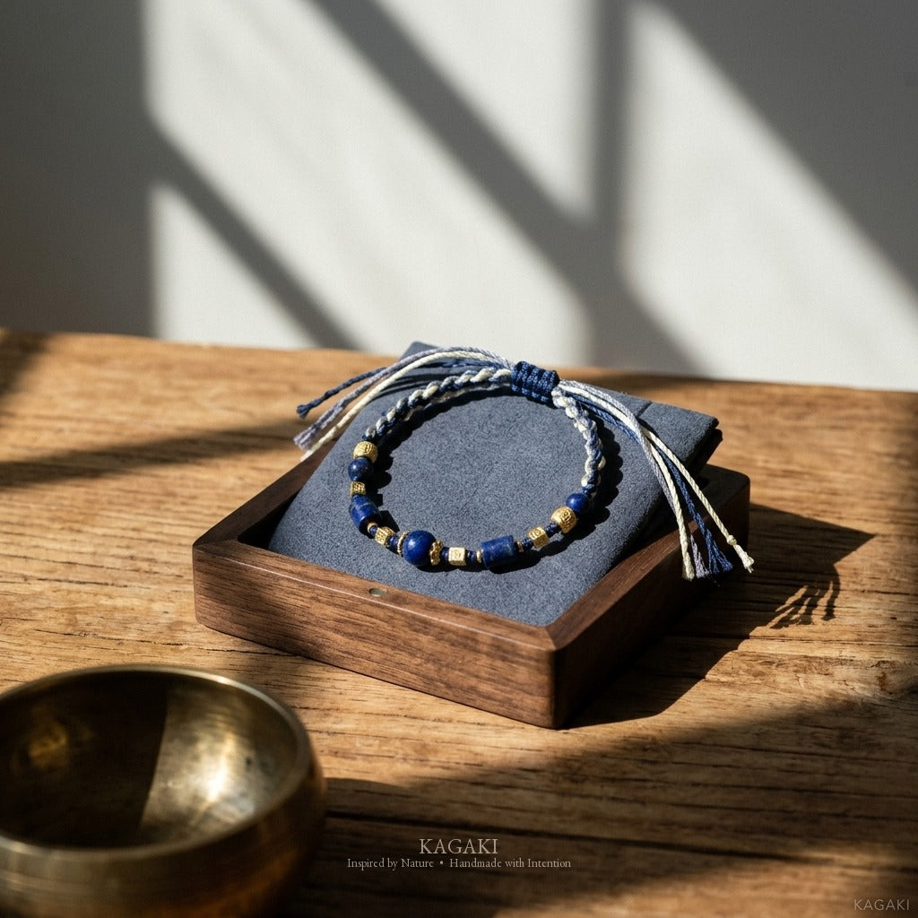 KAGAKI handmade lapis lazuli Tibetan-inspired cord bracelet — Sage – 智 — styled-scene (7/11)