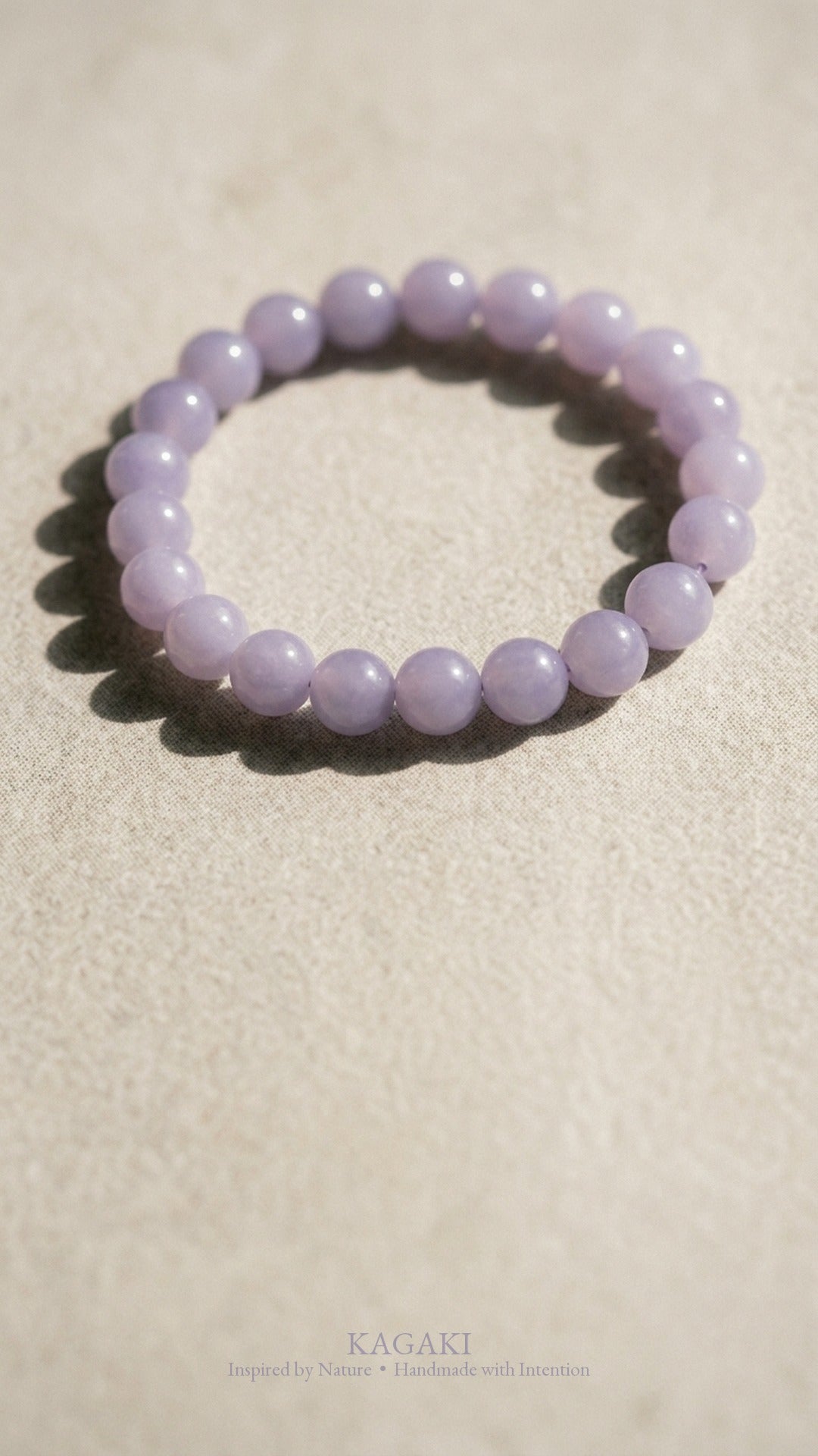 KAGAKI Lilac lavender jade beaded stretch bracelet, editorial vertical, handmade lavender jade bracelet