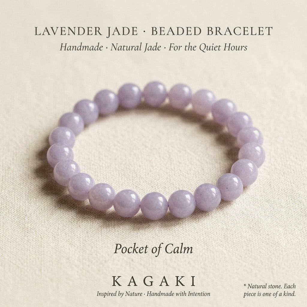 KAGAKI Lilac lavender jade beaded stretch bracelet, editorial text card, handmade lavender jade bracelet