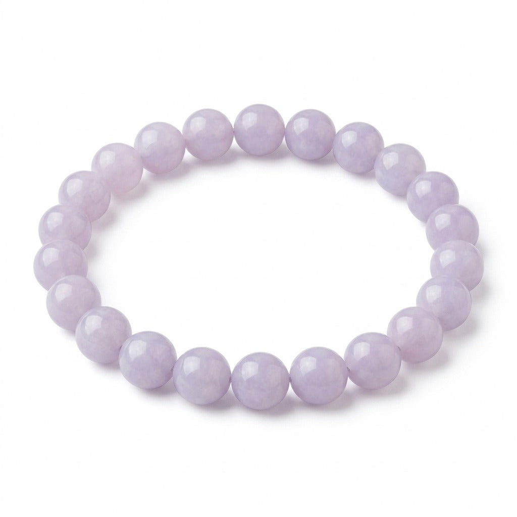 KAGAKI Lilac lavender jade beaded stretch bracelet, white background product view, handmade lavender jade bracelet
