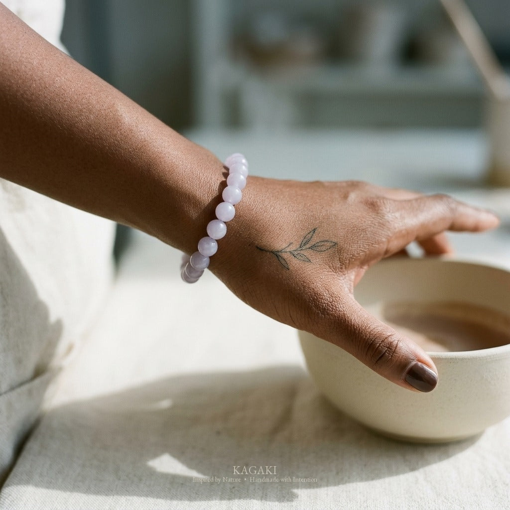 KAGAKI Lilac lavender jade beaded stretch bracelet, worn view, handmade lavender jade bracelet