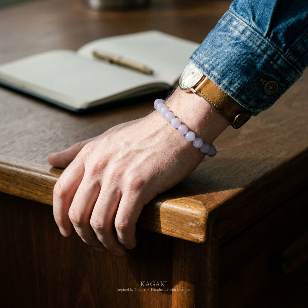KAGAKI Lilac lavender jade beaded stretch bracelet, worn view, handmade lavender jade bracelet