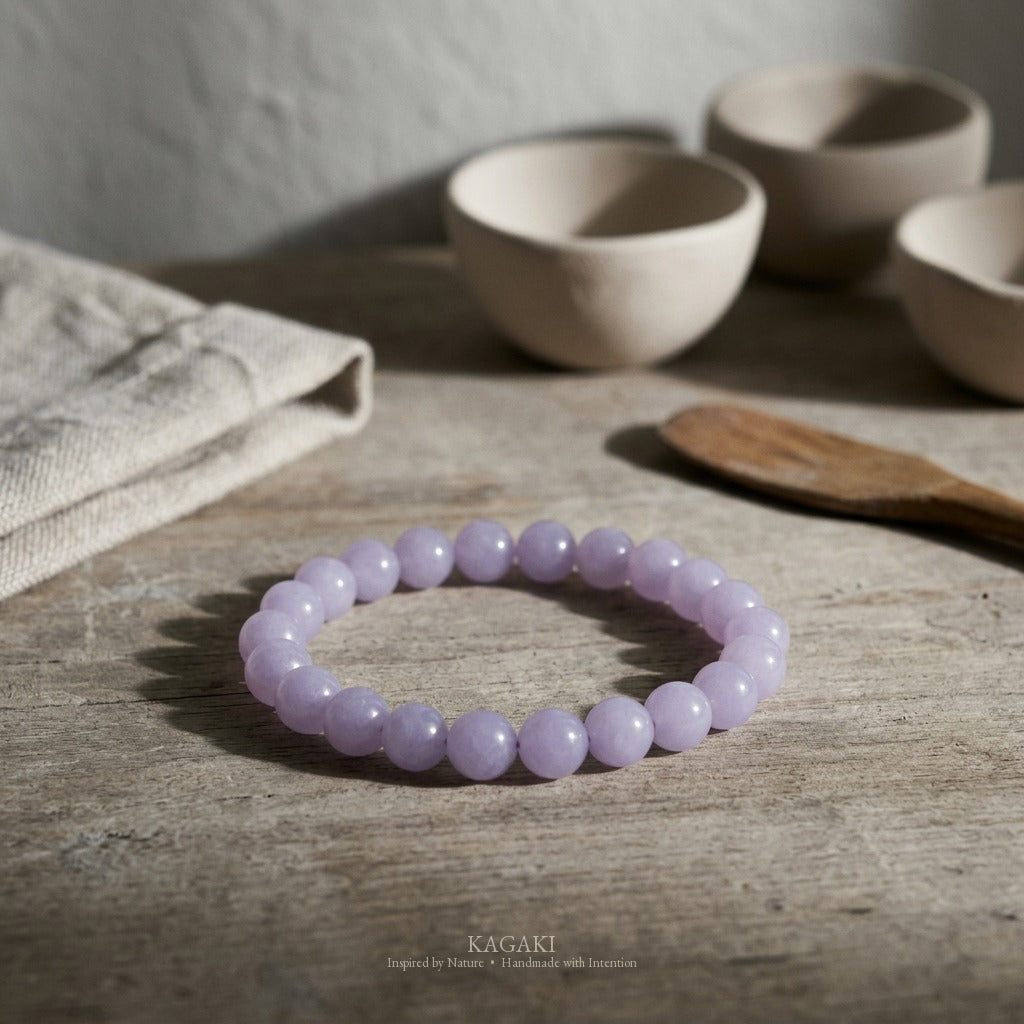 KAGAKI Lilac lavender jade beaded stretch bracelet, studio styled view, handmade lavender jade bracelet