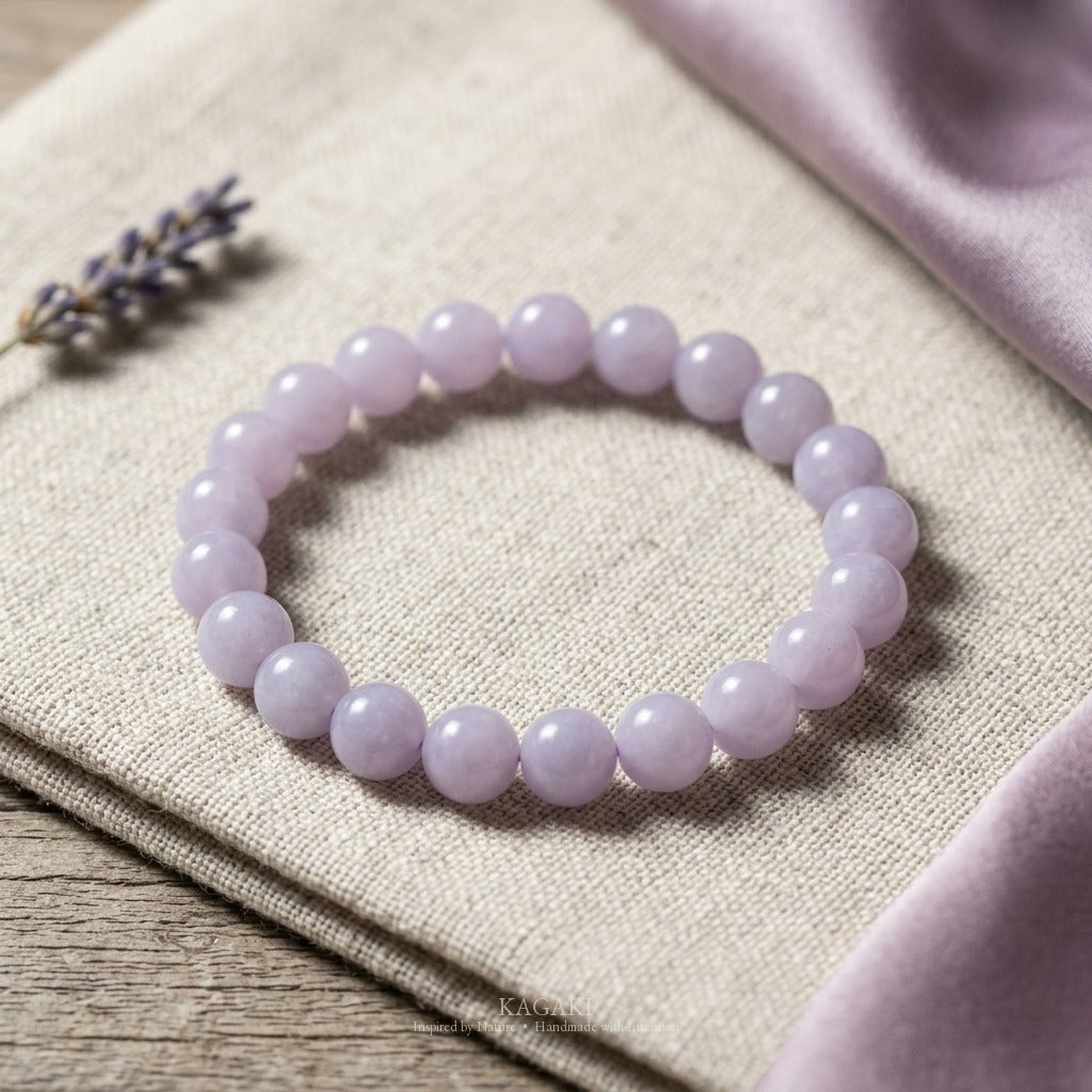 KAGAKI Lilac lavender jade beaded stretch bracelet, studio styled view, handmade lavender jade bracelet