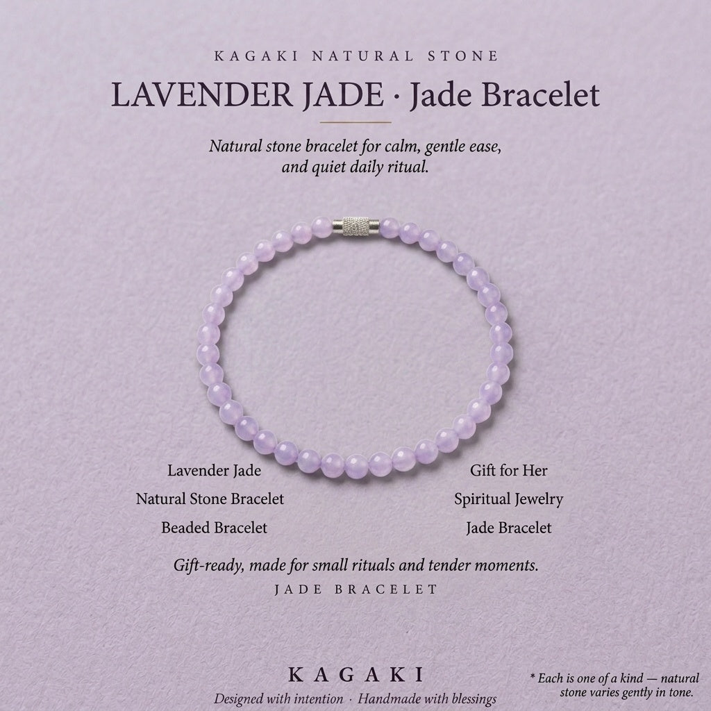 KAGAKI Pastel lavender jade fine bead bracelet, editorial text card, handmade lavender jade bracelet