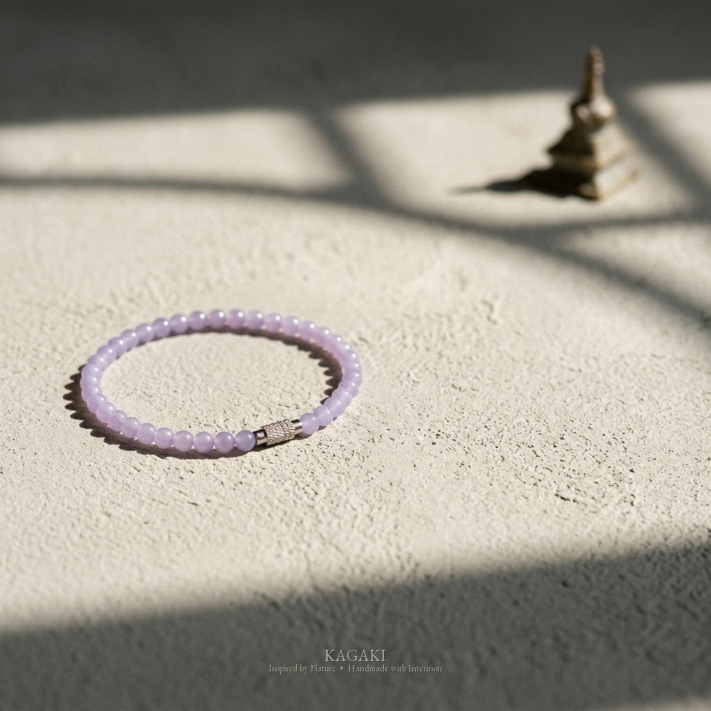 KAGAKI Pastel lavender jade fine bead bracelet, studio styled view, handmade lavender jade bracelet