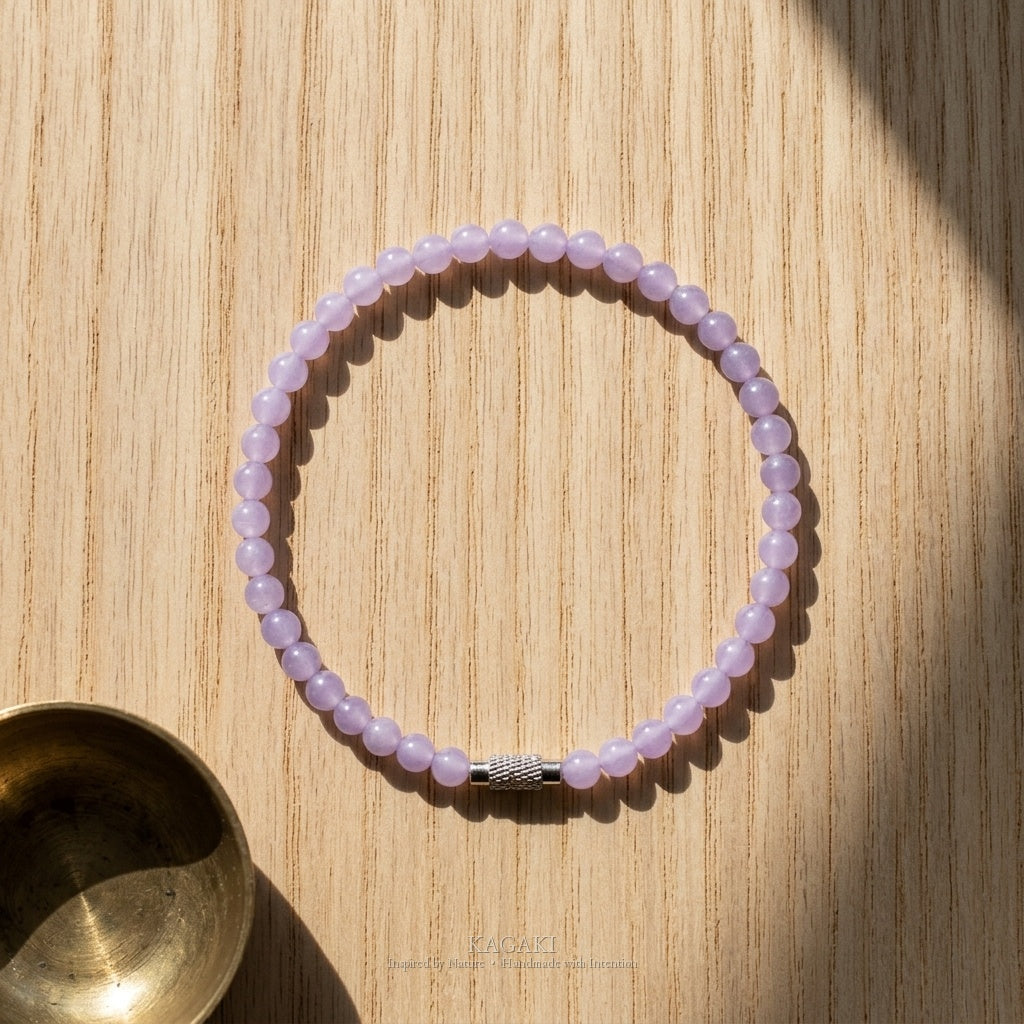 KAGAKI Pastel lavender jade fine bead bracelet, studio styled view, handmade lavender jade bracelet