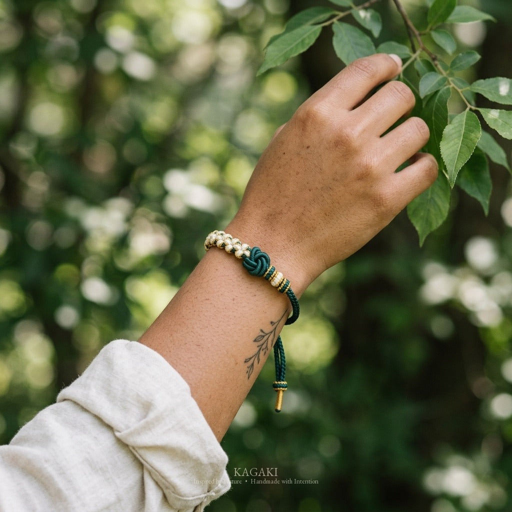 KAGAKI Mandala Teal Wholeness mandala infinity flower meditation cord, wrist view, meditation daily ritual