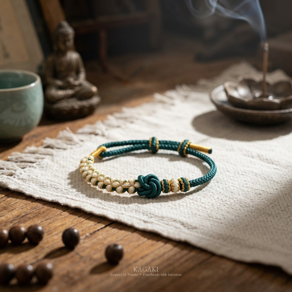KAGAKI Mandala Teal Wholeness mandala infinity flower meditation cord, studio view, meditation daily ritual