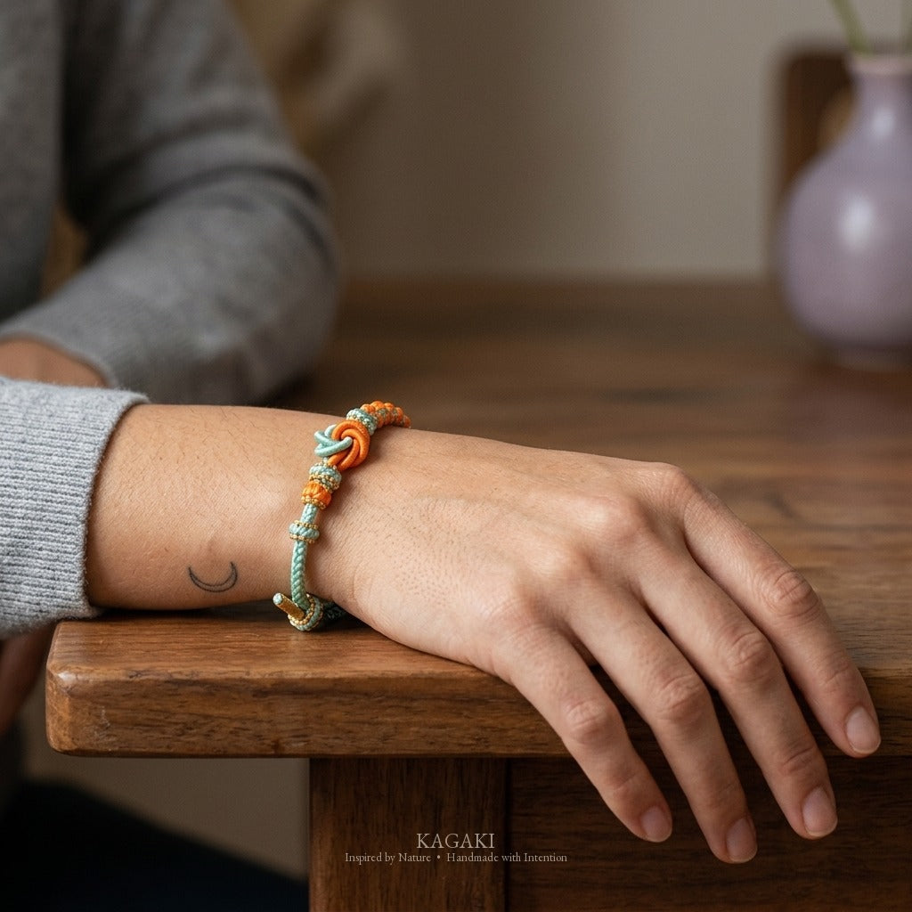 KAGAKI Mandala Aqua Glow mandala infinity flower meditation cord, wrist view, meditation daily ritual