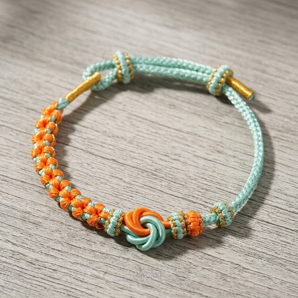 KAGAKI Mandala Aqua Glow mandala infinity flower meditation cord, studio view, meditation daily ritual