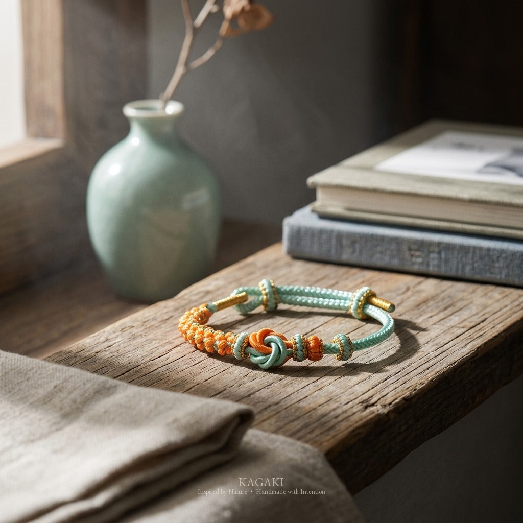 KAGAKI Mandala Aqua Glow mandala infinity flower meditation cord, studio view, meditation daily ritual