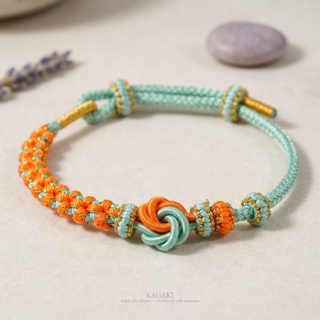KAGAKI Mandala Aqua Glow mandala infinity flower meditation cord, studio view, meditation daily ritual