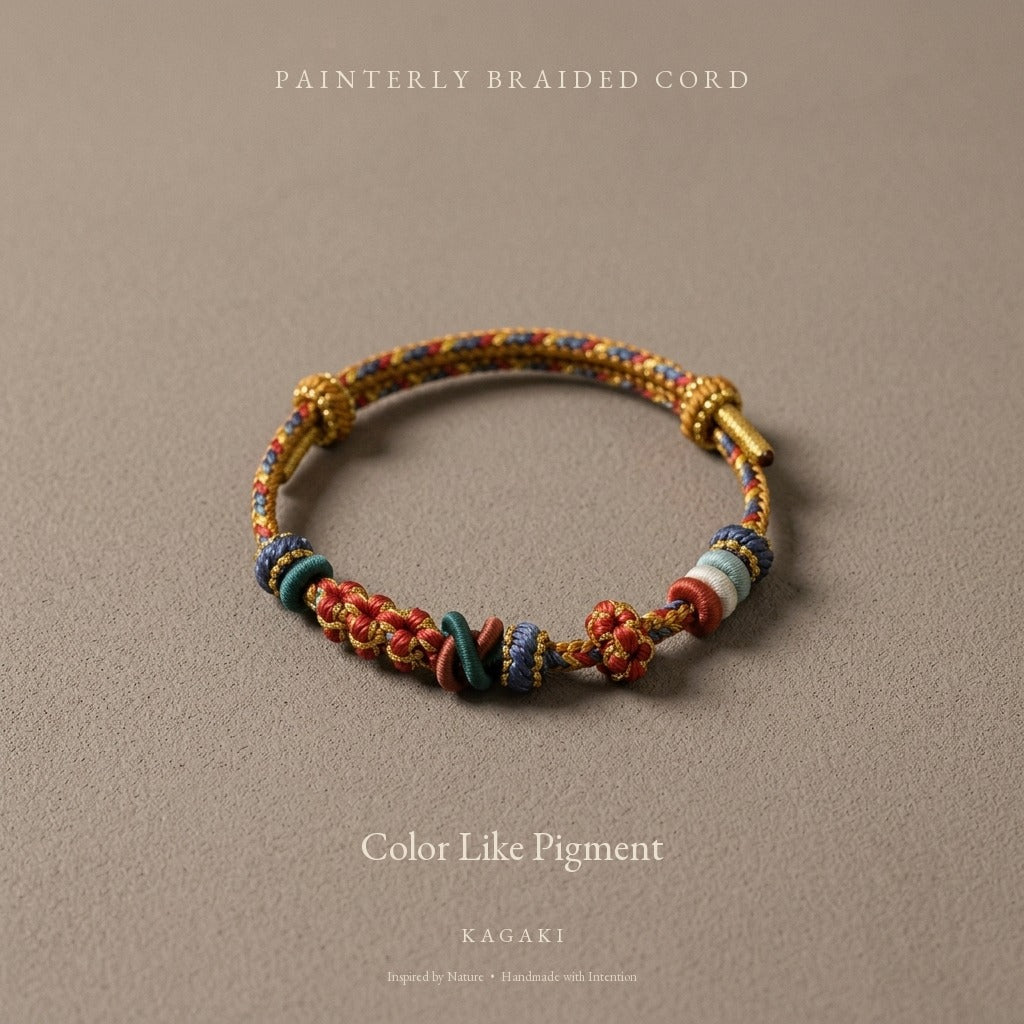 KAGAKI Pigment Painter Dawn painterly color braided cord, product view, handmade cord bracelet gift