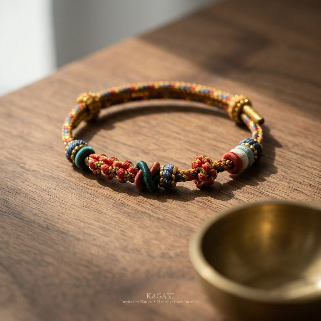 KAGAKI Pigment Painter Dawn painterly color braided cord, studio view, handmade cord bracelet gift