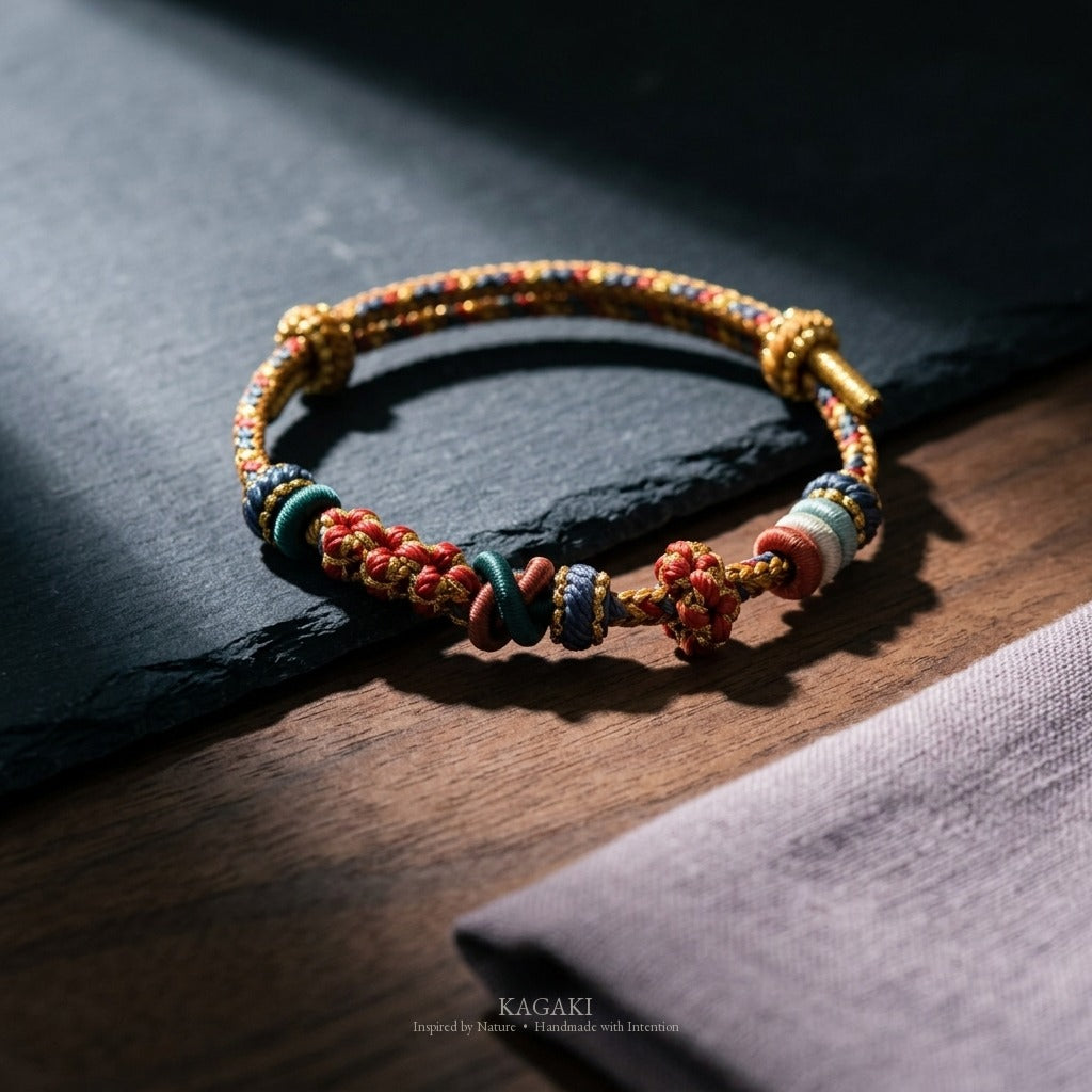 KAGAKI Pigment Painter Dawn painterly color braided cord, studio view, handmade cord bracelet gift