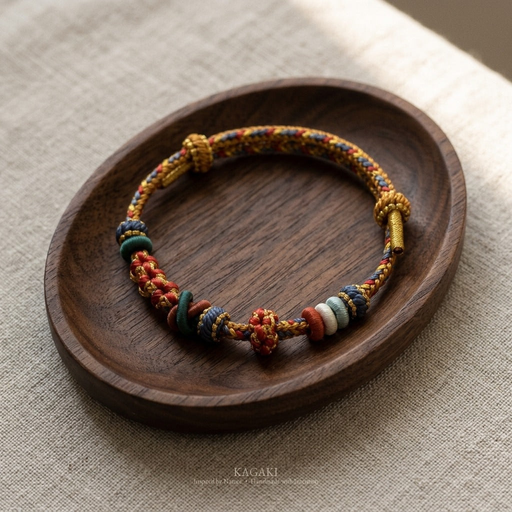 KAGAKI Pigment Painter Dawn painterly color braided cord, studio view, handmade cord bracelet gift