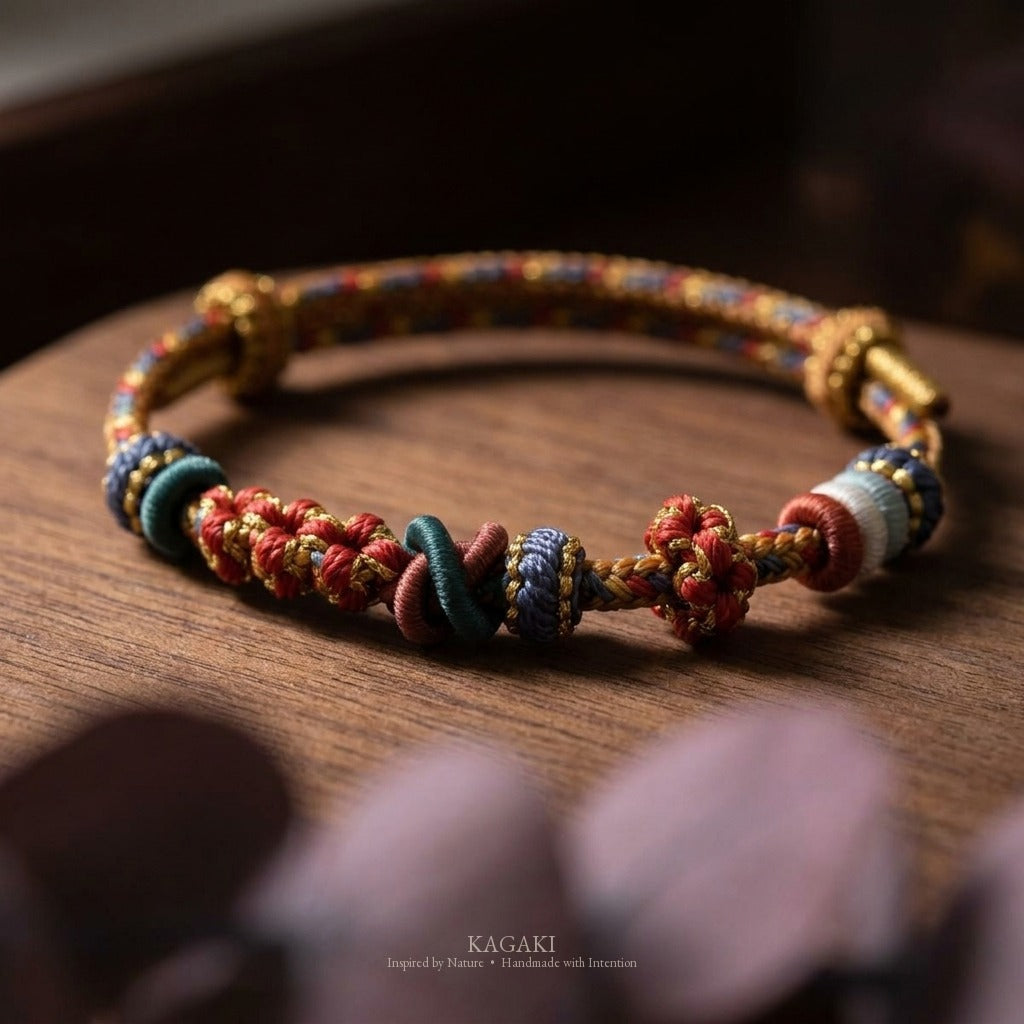 KAGAKI Pigment Painter Dawn painterly color braided cord, studio view, handmade cord bracelet gift