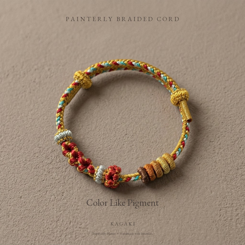 KAGAKI Pigment Painter Dusk painterly color braided cord, product view, handmade cord bracelet gift
