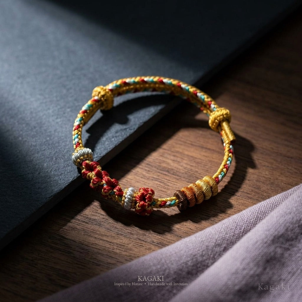 KAGAKI Pigment Painter Dusk painterly color braided cord, studio view, handmade cord bracelet gift