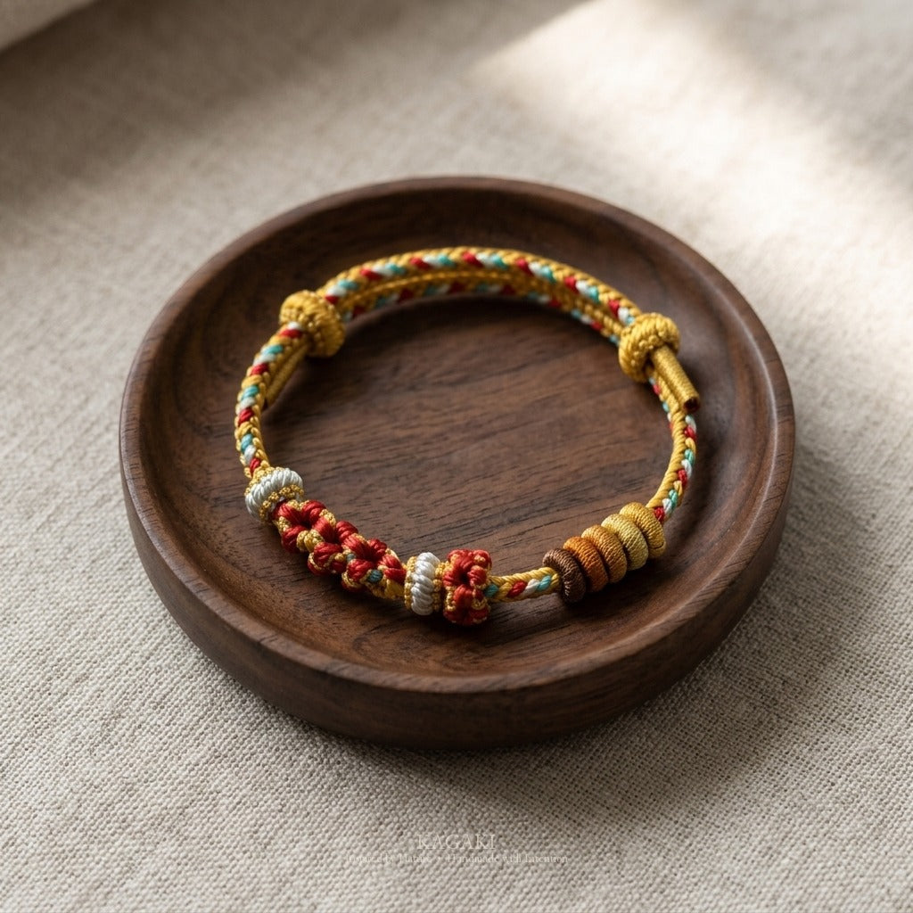 KAGAKI Pigment Painter Dusk painterly color braided cord, studio view, handmade cord bracelet gift