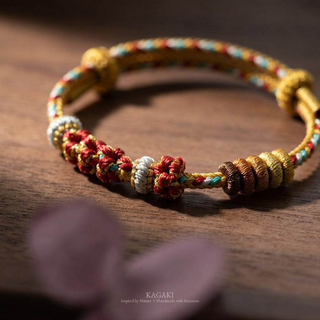 KAGAKI Pigment Painter Dusk painterly color braided cord, studio view, handmade cord bracelet gift
