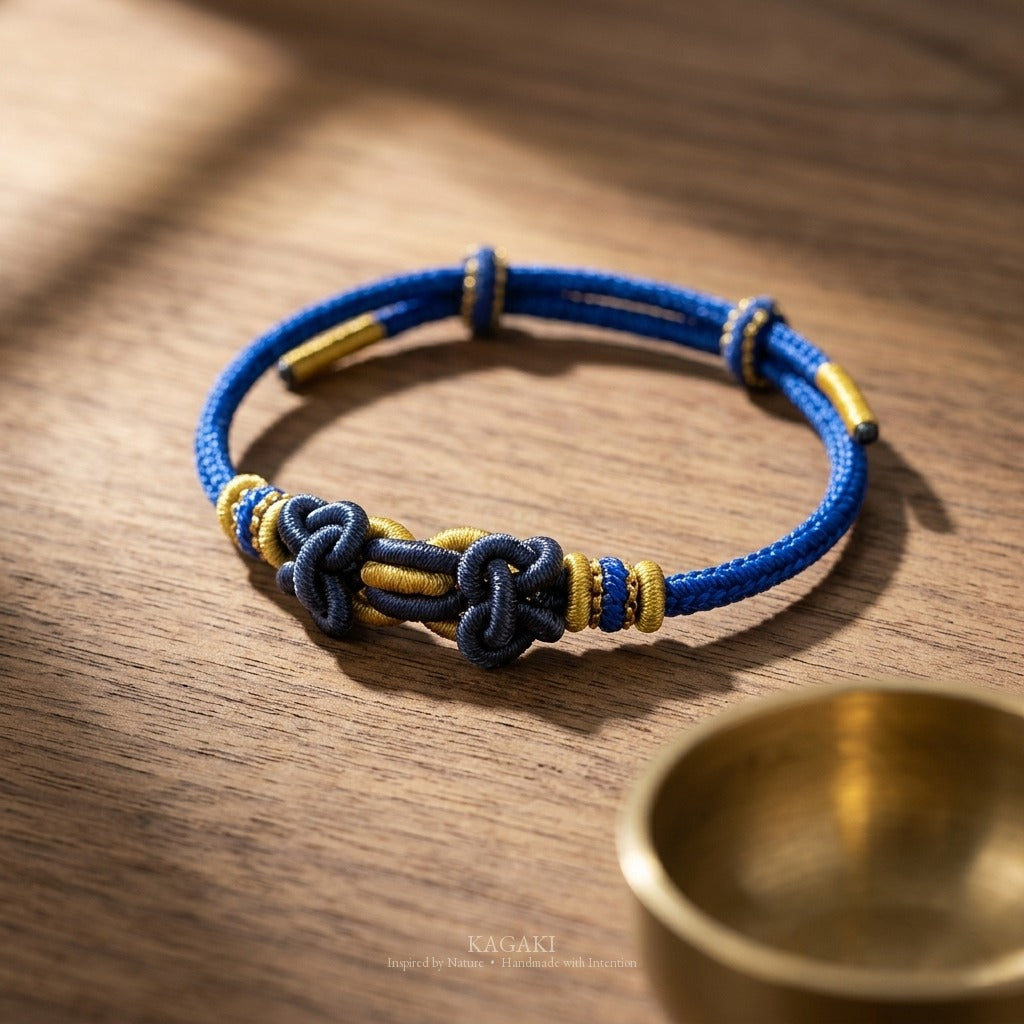 KAGAKI Palette Ocean Hue multi-color adjustable braided cord lucky, studio view, lucky bracelet gift