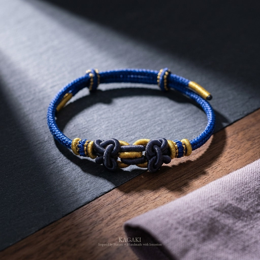 KAGAKI Palette Ocean Hue multi-color adjustable braided cord lucky, studio view, lucky bracelet gift