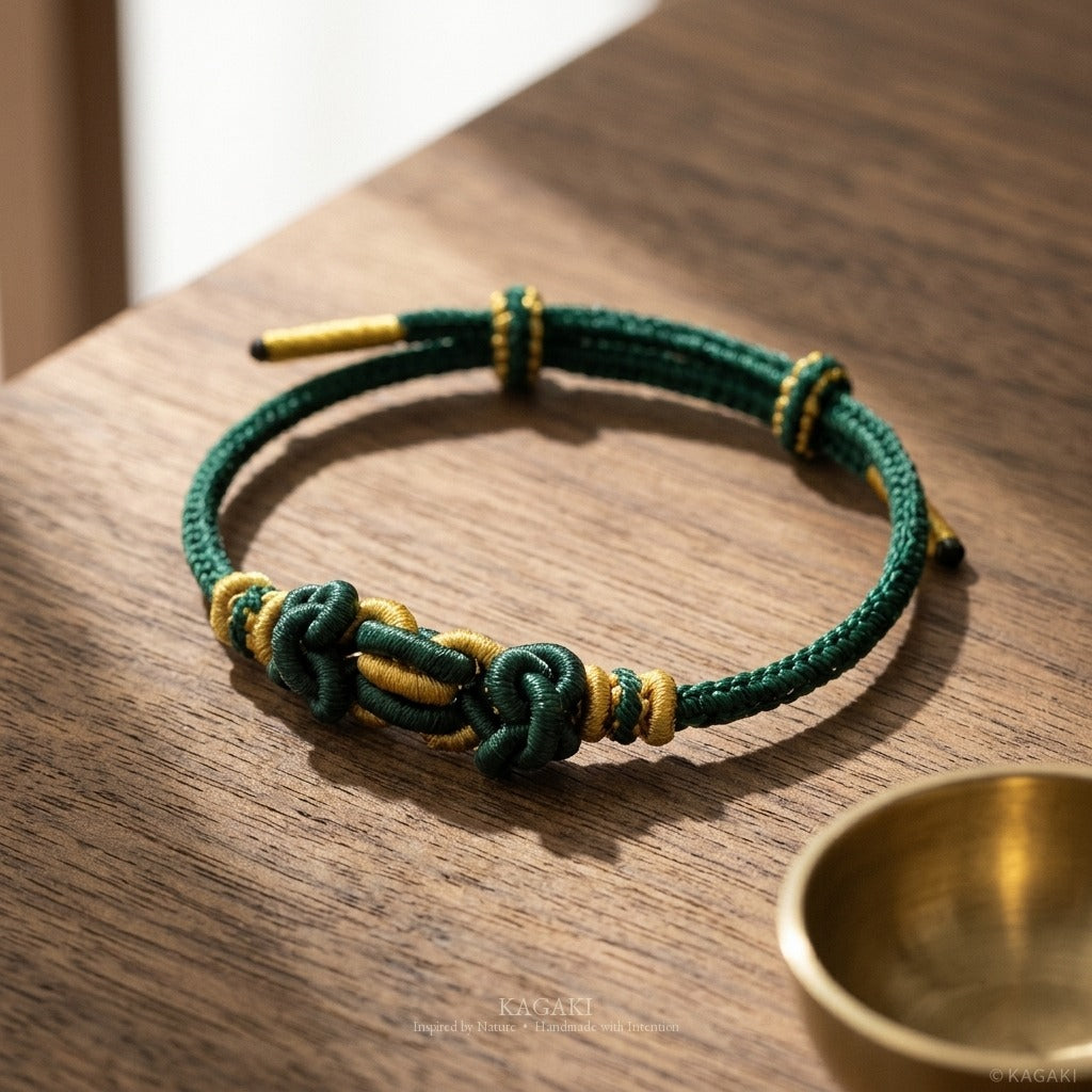 KAGAKI Palette Moss Garden multi-color adjustable braided cord lucky, studio view, lucky bracelet gift